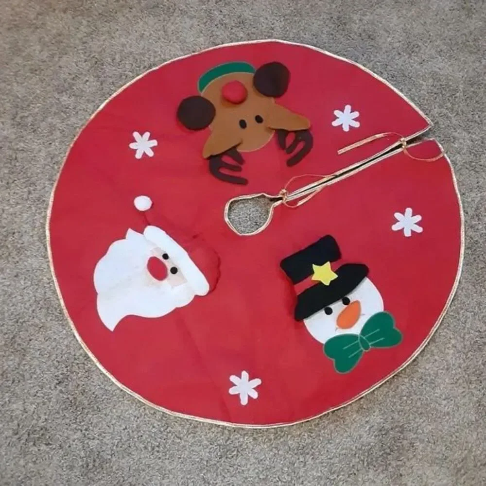 Santa Rudolph and Frosty The Snowman Red Felt Christmas Tree Skirt